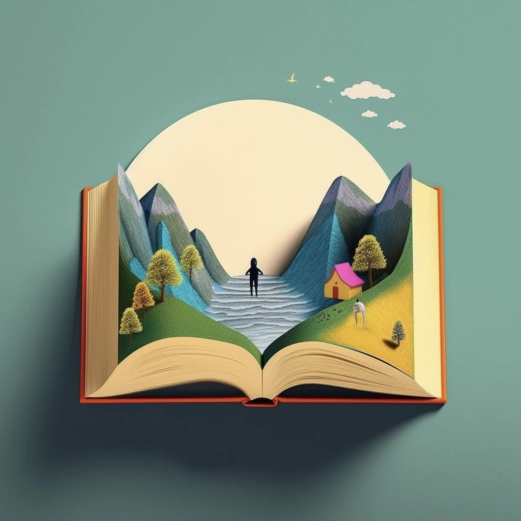 Header illustration showing a book that opens up to reveal a dreamy landscape.